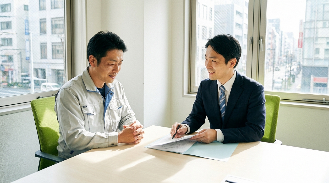 弁護士と面談するトラック運転手。費用の分割払いについて説明を受け、安心した表情を浮かべている様子。