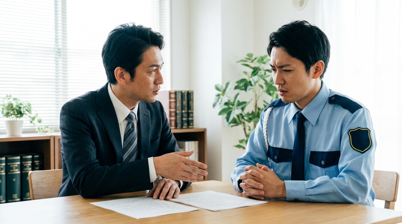 法律事務所で弁護士に借金問題の相談をする警備員の男性。真剣な表情で解決策について話し合っている。