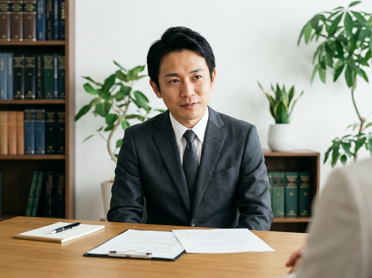 弁護士がクレジットカードの強制解約に関する相談者の質問に丁寧に答えている様子。