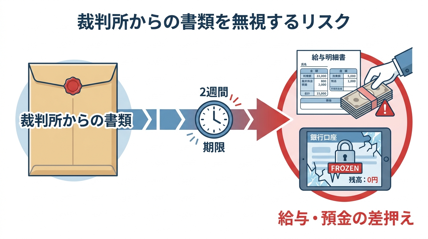裁判所からの書類を無視した場合、2週間の期限を経て給与や預金が差し押さえられるまでの流れを示した図解。