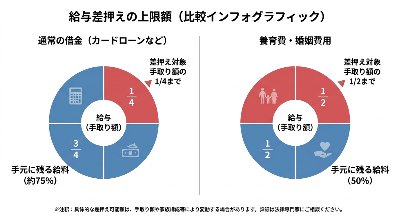 給与差押えの上限額を図解したインフォグラフィック。通常の借金は手取りの4分の1、養育費は2分の1までと示されている。