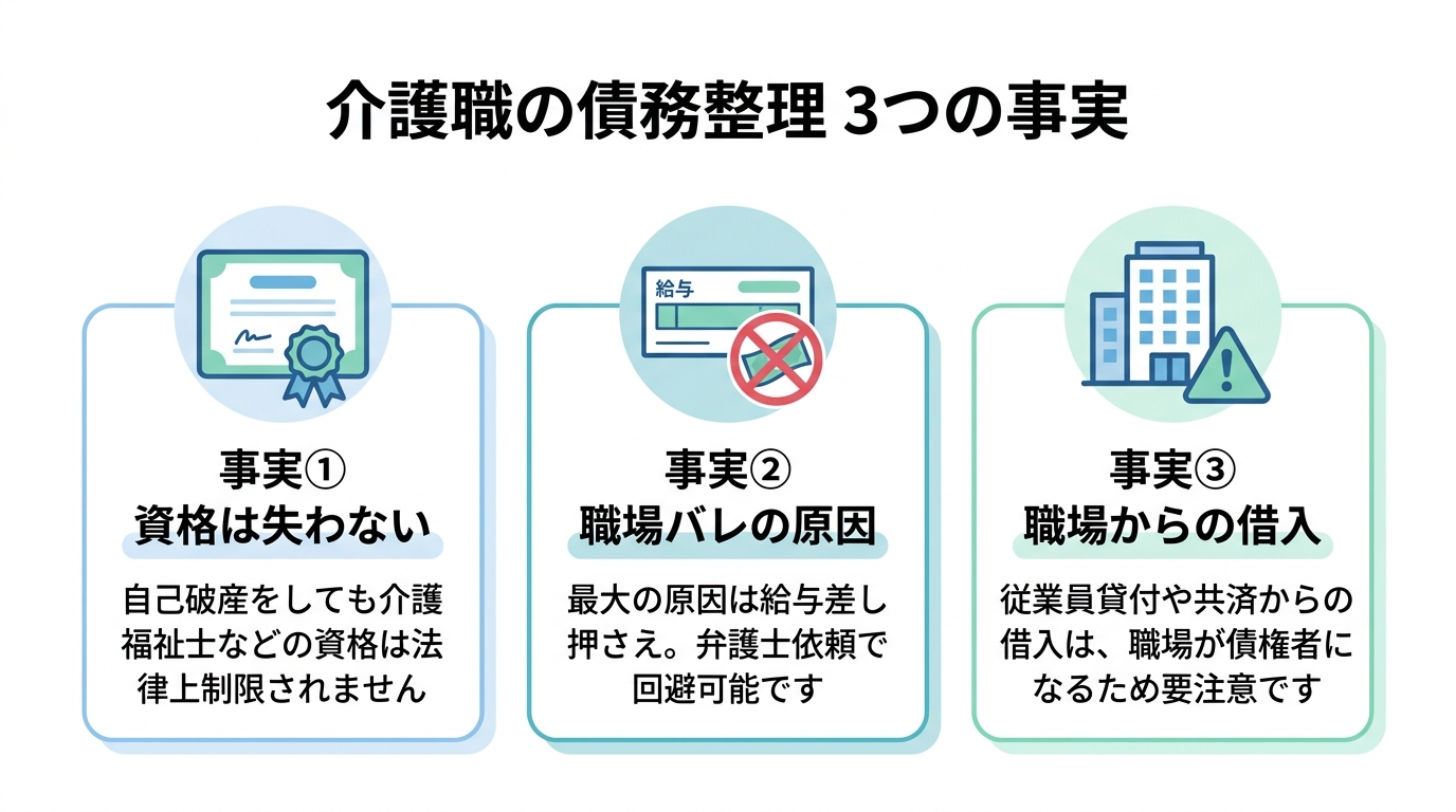 介護職の債務整理で知っておくべき3つの事実を図解したインフォグラフィック。資格は失わないこと、職場バレの原因は給与差押えであること、職場からの借入は注意が必要であることが示されている。