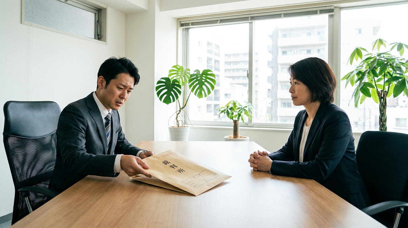 裁判所から届いた支払督促について弁護士に相談する男性。差押えを回避するための初動対応が重要。