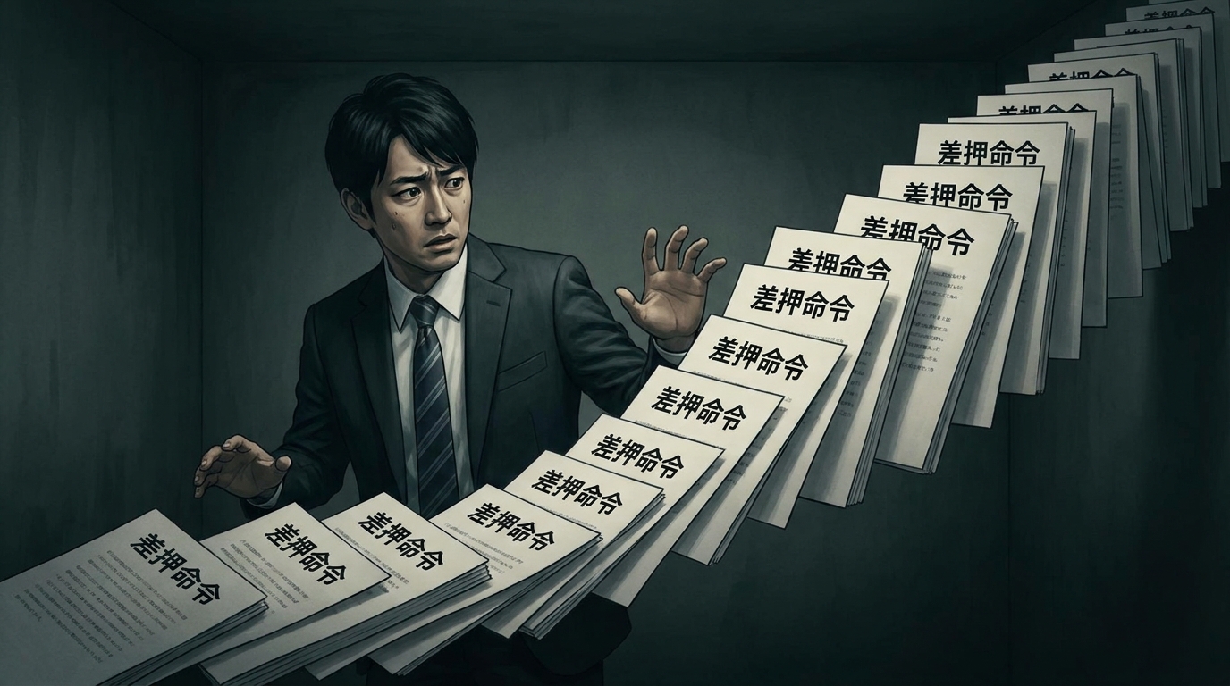 複数の債権者から次々と給与差押えを受ける「負の連鎖」をイメージしたイラスト。ドミノ倒しのように差押命令書が迫ってくる。