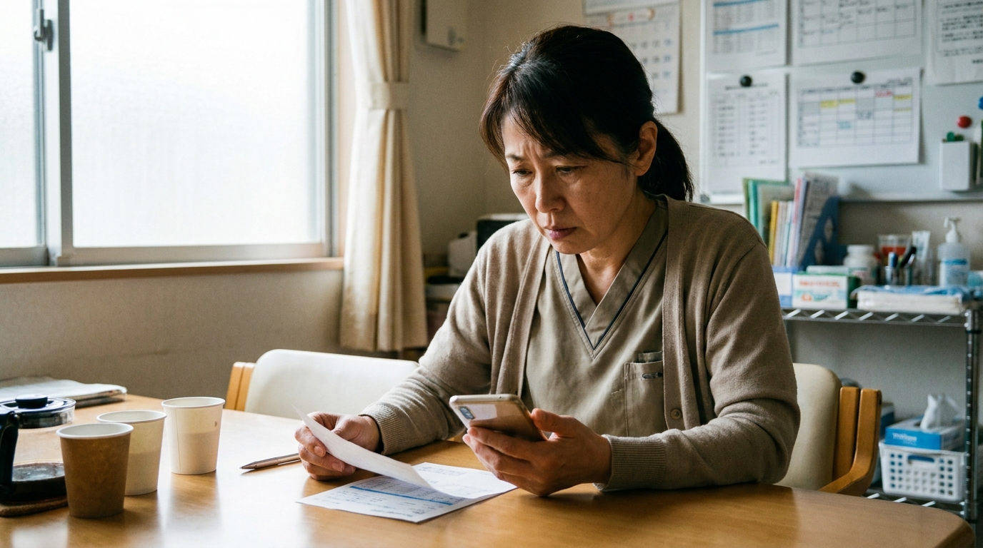 介護施設の休憩室で、給与明細を見ながら不安そうな表情でスマートフォンを操作する中年の女性介護士。収入の変動による借金問題を象徴している。