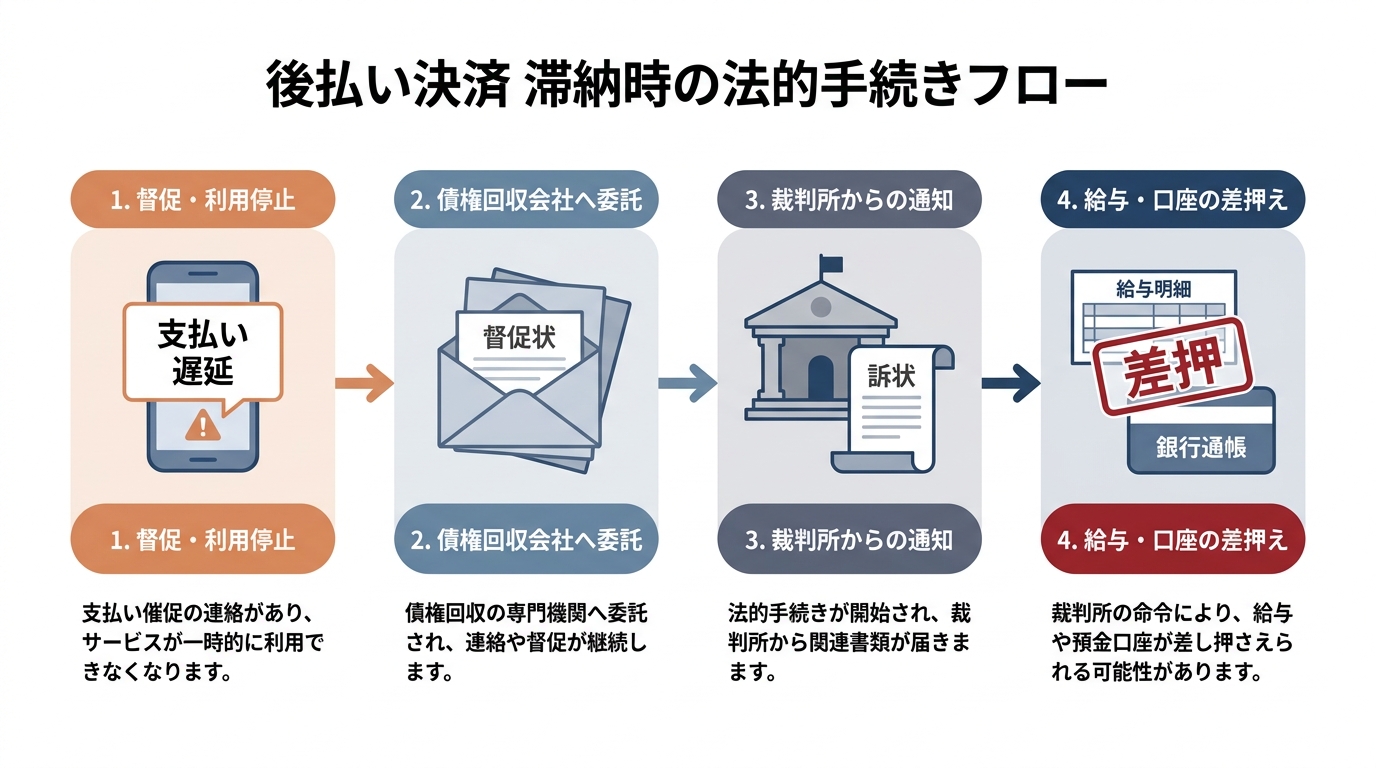 後払い決済を滞納した場合の法的手続きの流れを示すインフォグラフィック。督促から始まり、債権回収会社への委託、裁判所からの通知を経て、最終的に給与差押えに至る4つのステップを図解しています。