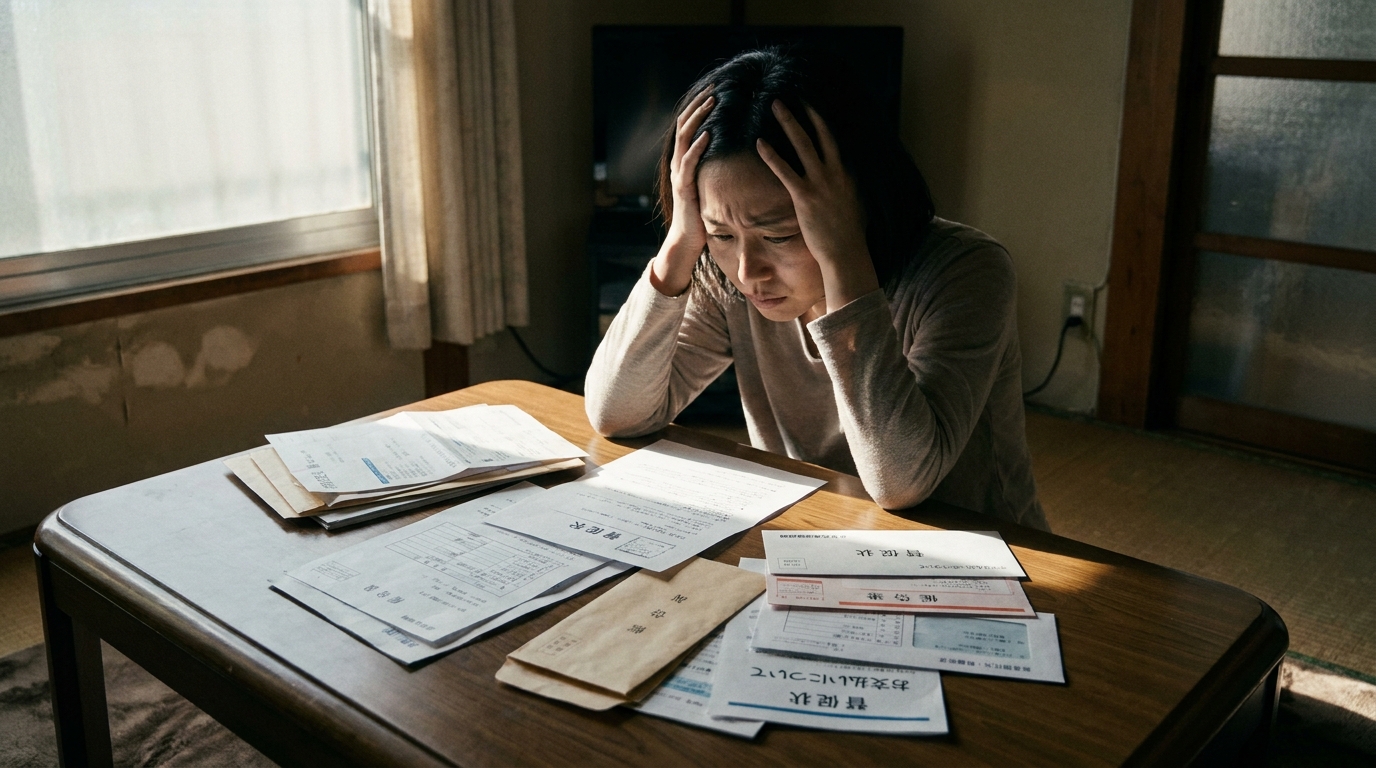 配偶者の借金が書かれた督促状を見て頭を抱える女性。