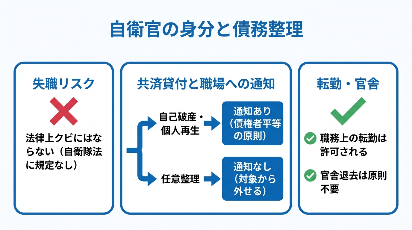 自衛官の債務整理に関する3つの重要な事実を図解したインフォグラフィック。失職リスクがないこと、共済貸付の有無で部隊に知られるかが変わること、転勤や官舎には原則影響がないことを示している。
