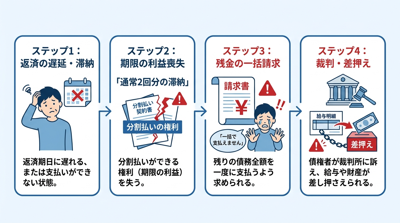 任意整理の返済を滞納した場合のリスクを図解。返済遅延から始まり、期限の利益喪失、一括請求、最終的に裁判・差押えに至る流れを示しています。