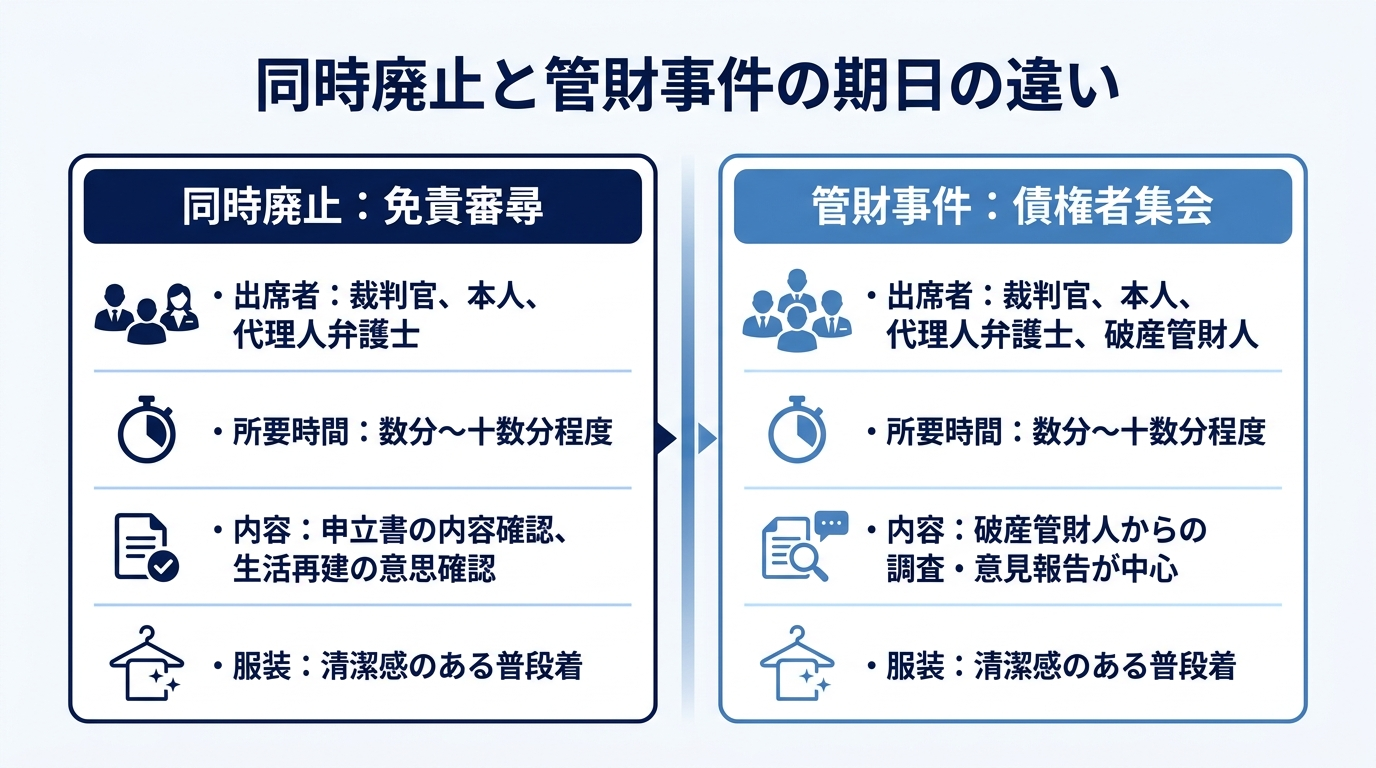 同時廃止の免責審尋と管財事件の債権者集会の違いを比較した図解