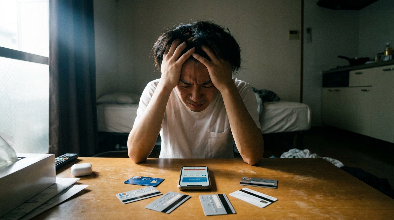 複数のクレジットカードとスマートフォンを前に、頭を抱えて悩む人物。多重債務と後払い決済の支払いに窮している状況を表現しています。