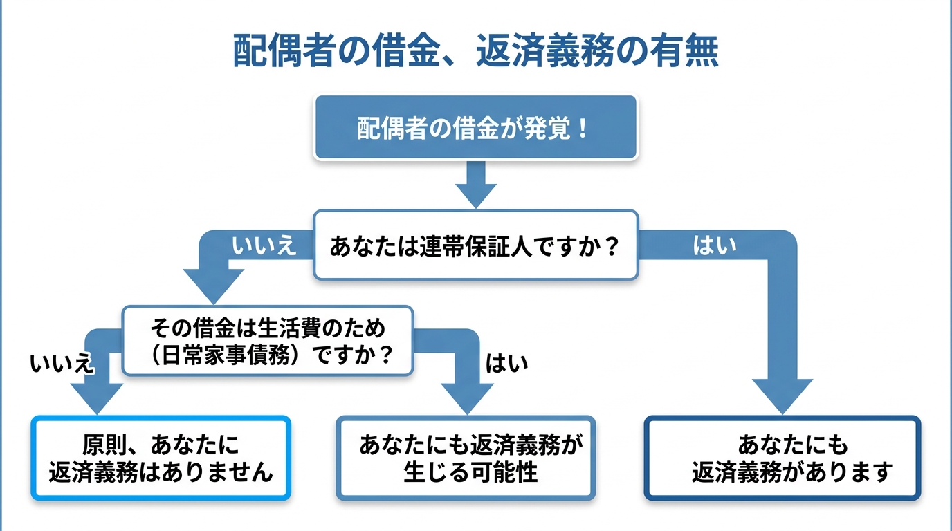 配偶者の借金の返済義務があるかどうかを判断するためのフローチャート。連帯保証人か、日常家事債務かによって結論が分岐する。