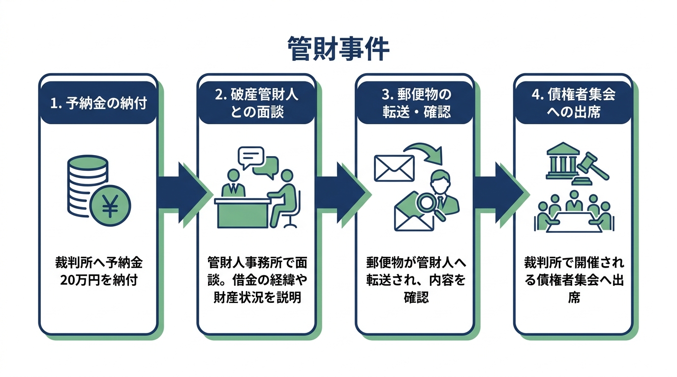 管財事件の手続きの流れを示す図解。予納金の納付、破産管財人との面談、郵便物の転送、債権者集会への出席という4つのステップが順番に示されている。