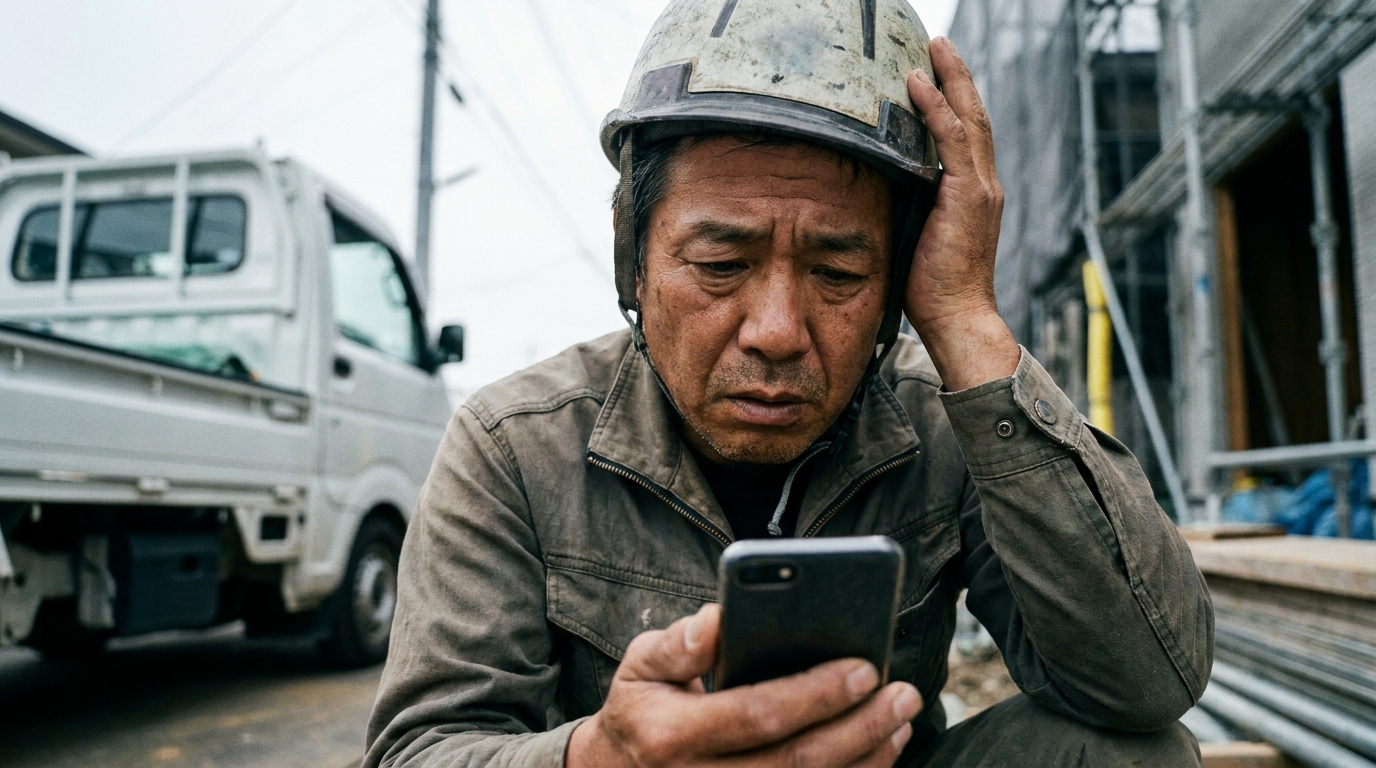 資金繰りに悩み、建設現場で頭を抱える一人親方の男性。債務整理を検討している深刻な状況を表している。