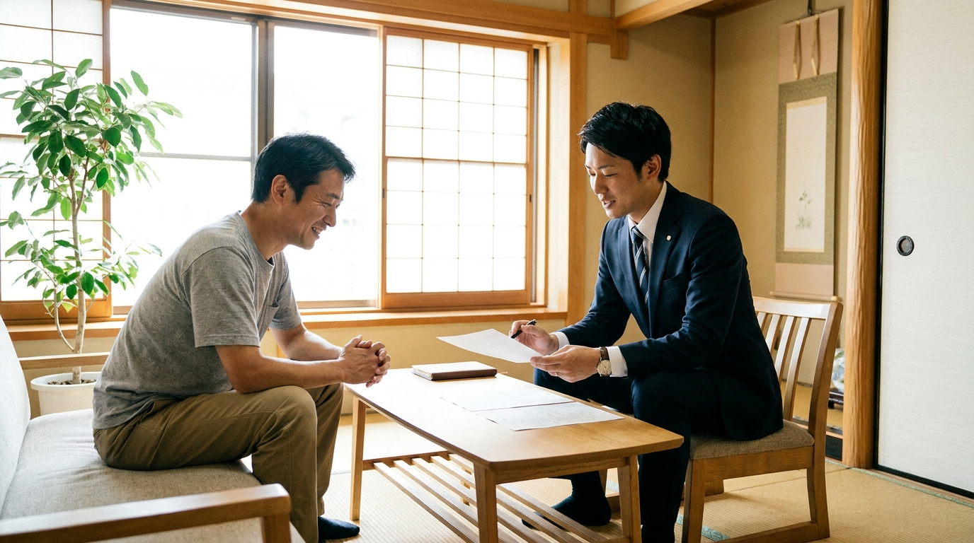 法律事務所で弁護士から期日当日の流れについて説明を受け安心する相談者