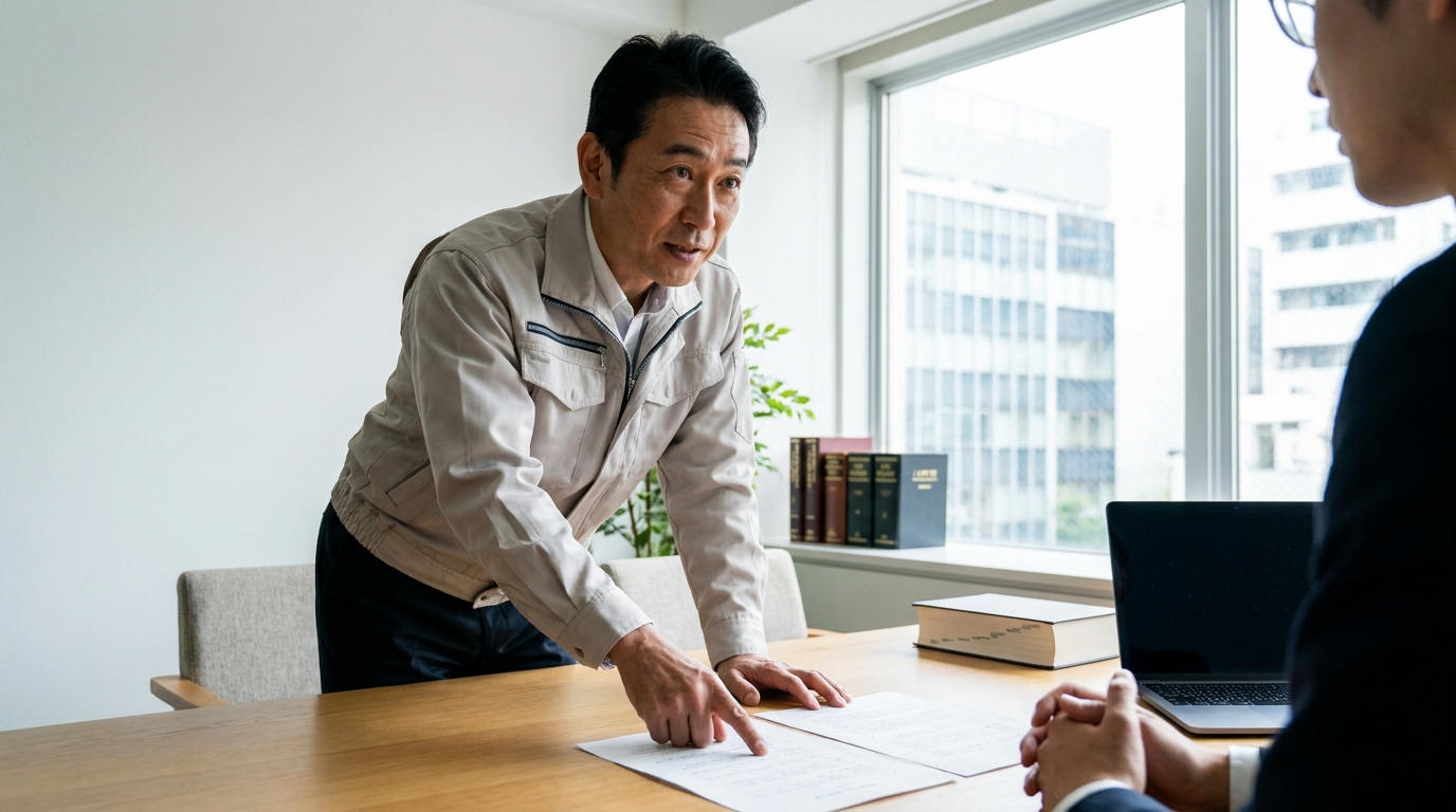 法律事務所で弁護士に債務整理の相談をする一人親方の男性。専門家への相談で問題解決の糸口を見つけている様子。