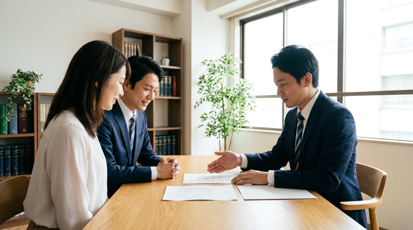 法律事務所で弁護士に相談し、今後の見通しについて説明を受ける夫婦。